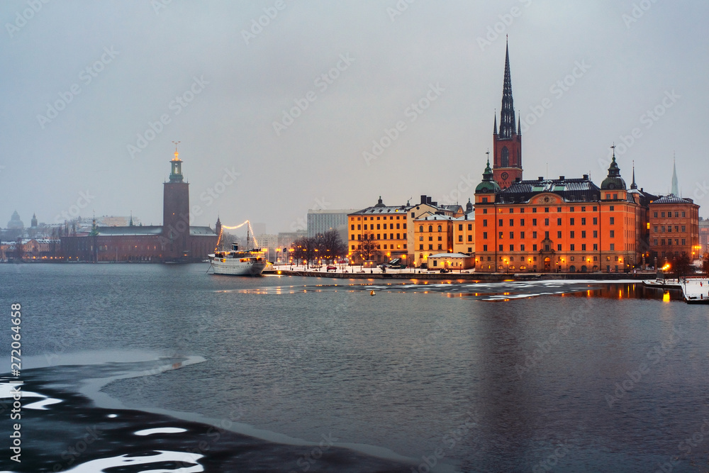 View of Gamla Stan in Stockholm, Sweden with landmarks like Riddarholm Church during the morning