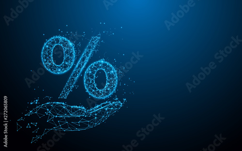 Hand holding percent from lines, triangles and particle style design. Illustration vector