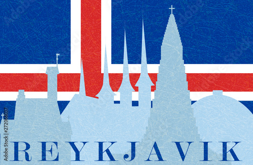 Silhouette of sights of Reykjavik in background of flag of Iceland, vector illustration with noise and texture, marble textured backdrop.