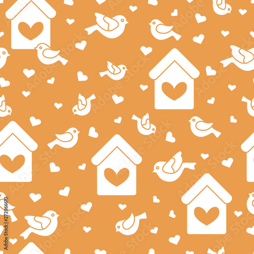 Seamless pattern with birds, birdhouses and hearts