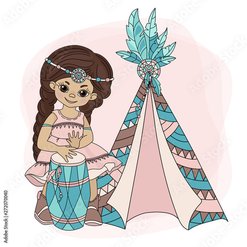 Fotografie GIRL WIGWAM American Native Pocahontas Indian Princess Home Vector Illustration