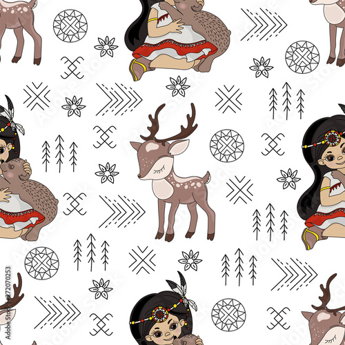 POCAHONTAS DEER Animal American Native Folk Ethnic Culture Seamless Pattern Vector Illustration for Print Fabric and Digital Paper