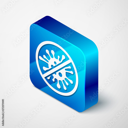 Isometric Stop virus, bacteria, germs and microbe icon isolated on white background. Antibacterial and antiviral defence, protection infection. Blue square button. Vector Illustration