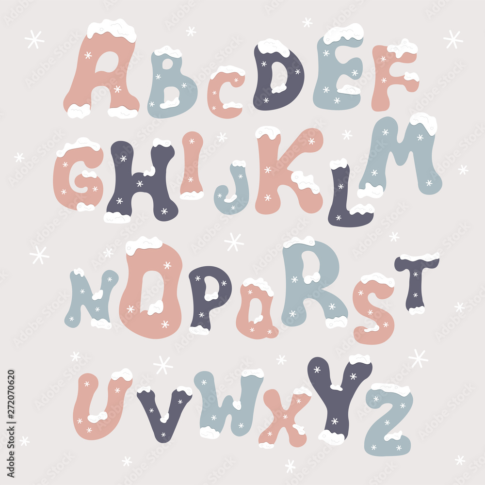 Decorative alphabet pastel colors. Winter snow letters