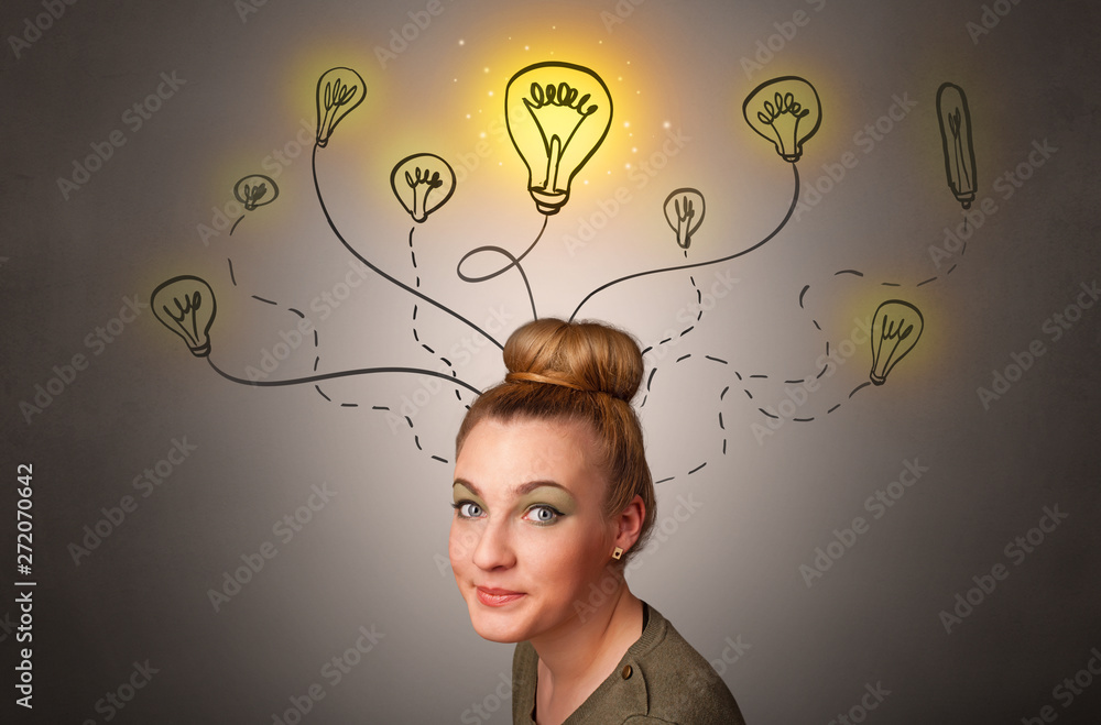 Pretty girl with draw bulbs above her head with different solutions concept
Pretty girl with draw bulbs above her head with different solutions concept