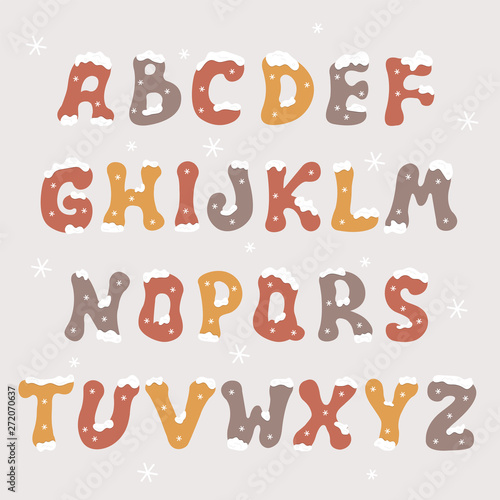 Decorative winter alphabet. Christmas colorful letters. Winter snow letters