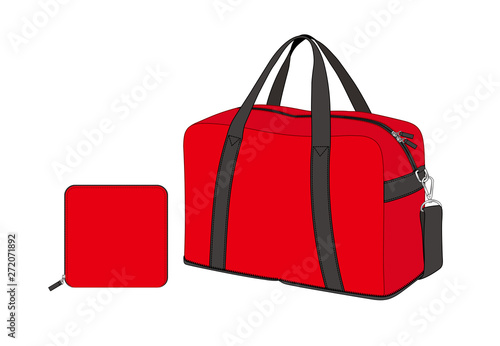 red duffle bag with removable shoulder strap, sports gym bag, foldable weekend bag, spare bag, vector illustration sketch template isolated on white background
