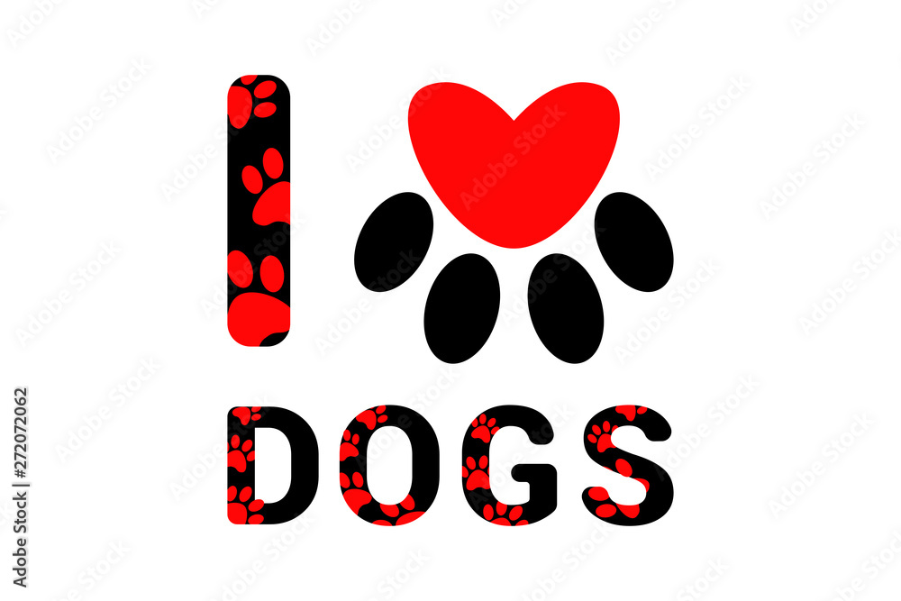 Isolated I love dogs black text with red dog or cat paw prints. Typography  with animal foot print. Red heart inside domestic animal paw print.  Colorful text on white background Stock-Vektorgrafik