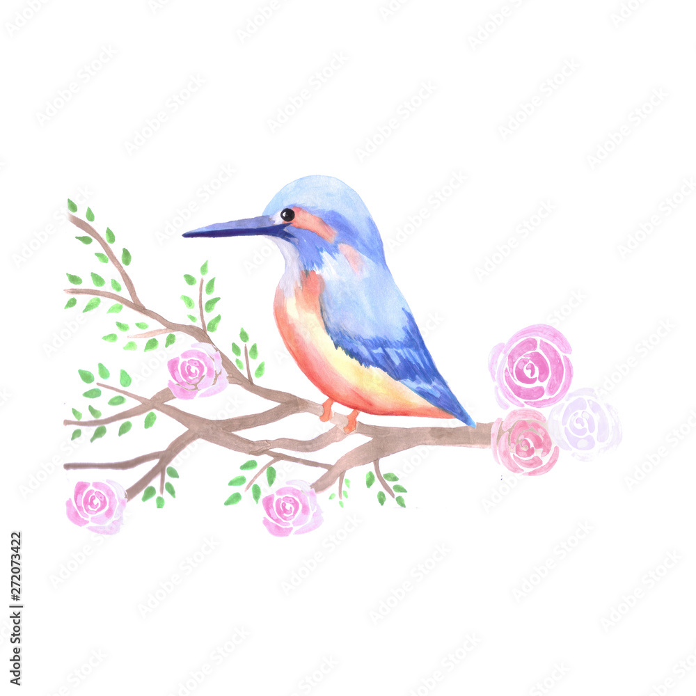 Kingfisher and pink roses on a tree branch
