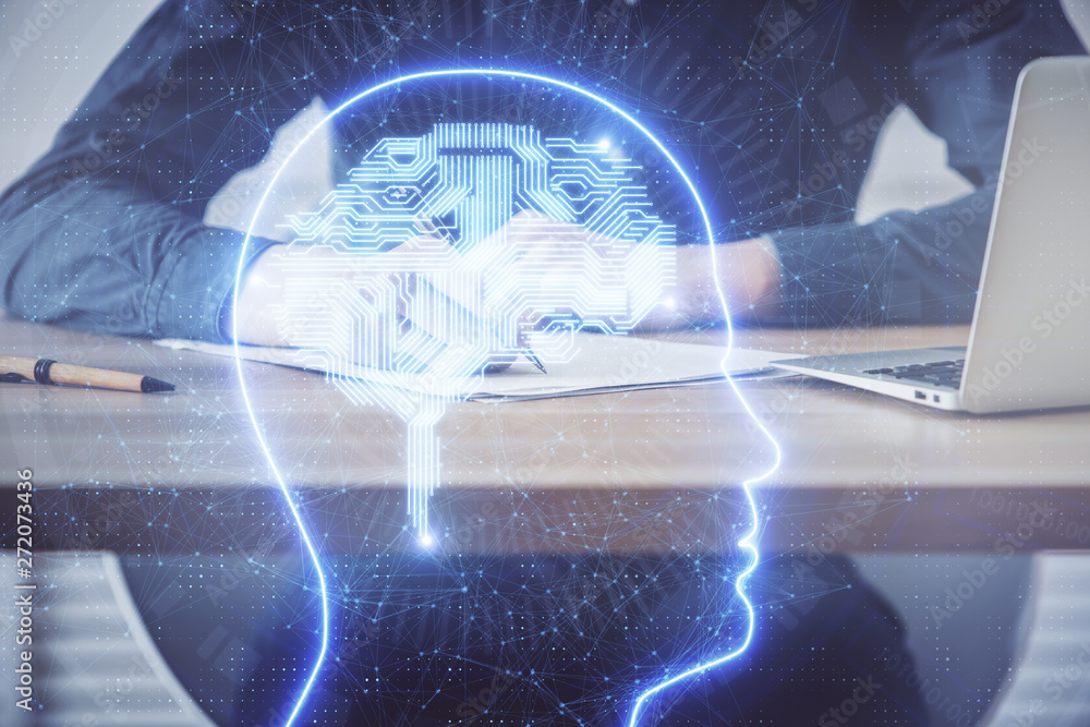 Brain multi exposure icon with man hands background. Brain multi exposure icon with man hands background.