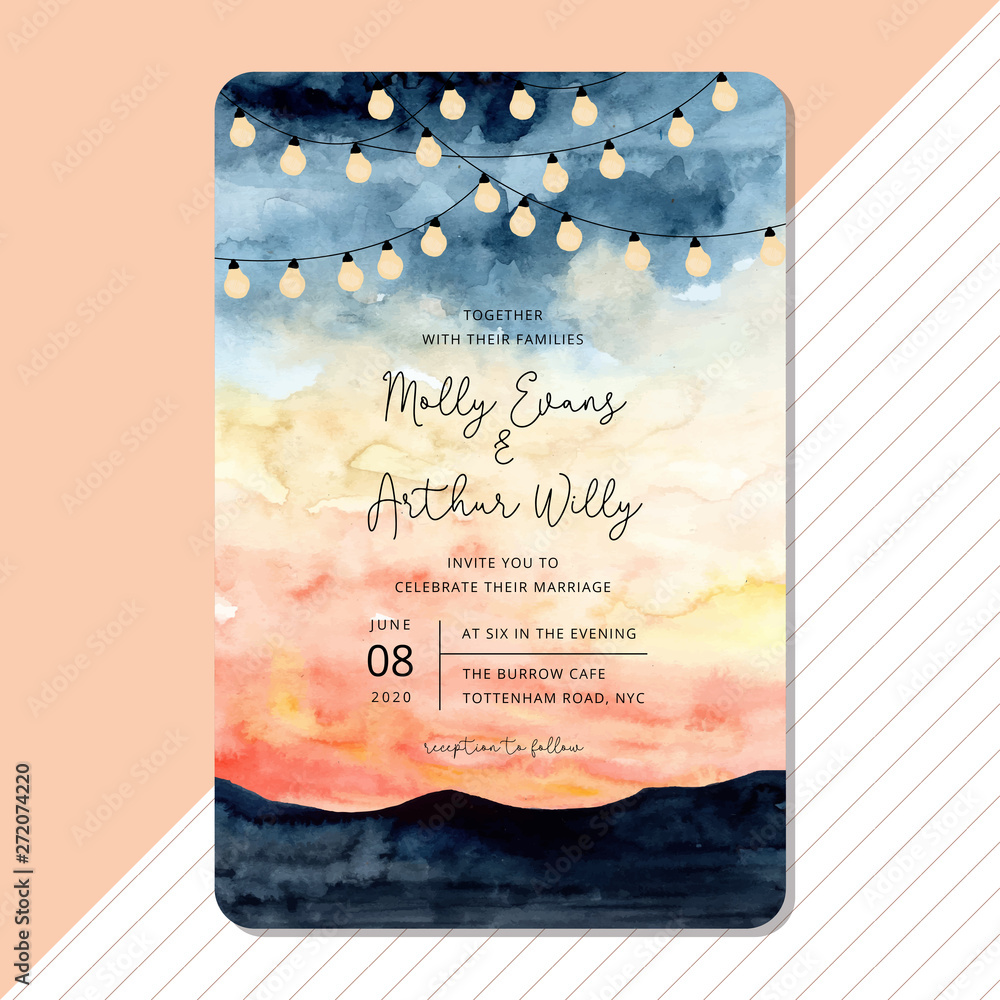 Obraz premium Wedding invitation with string light and landscape watercolor background