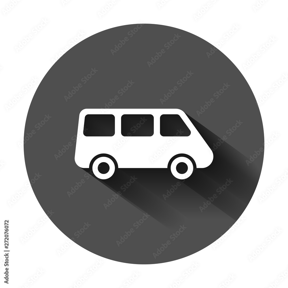 Passenger minivan sign icon in flat style. Car bus vector illustration on black round background with long shadow. Delivery truck banner business concept.