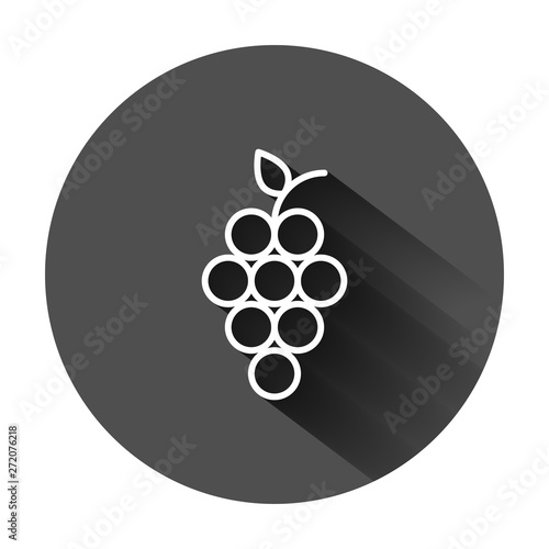 Grape fruits sign icon in flat style. Grapevine vector illustration on black round background with long shadow. Wine grapes business concept.