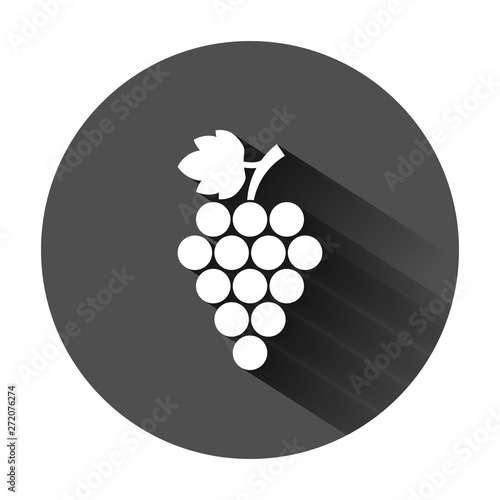 Grape fruits sign icon in flat style. Grapevine vector illustration on black round background with long shadow. Wine grapes business concept.