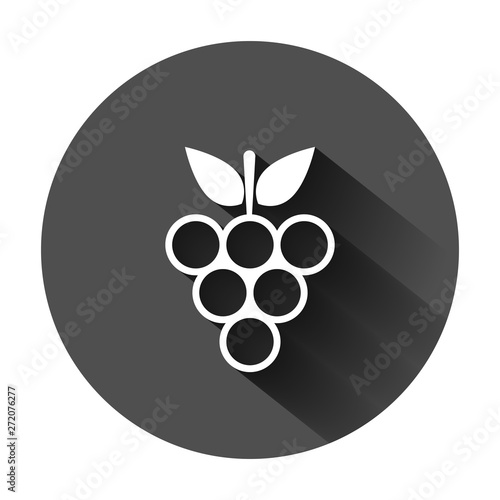 Grape fruits sign icon in flat style. Grapevine vector illustration on black round background with long shadow. Wine grapes business concept.