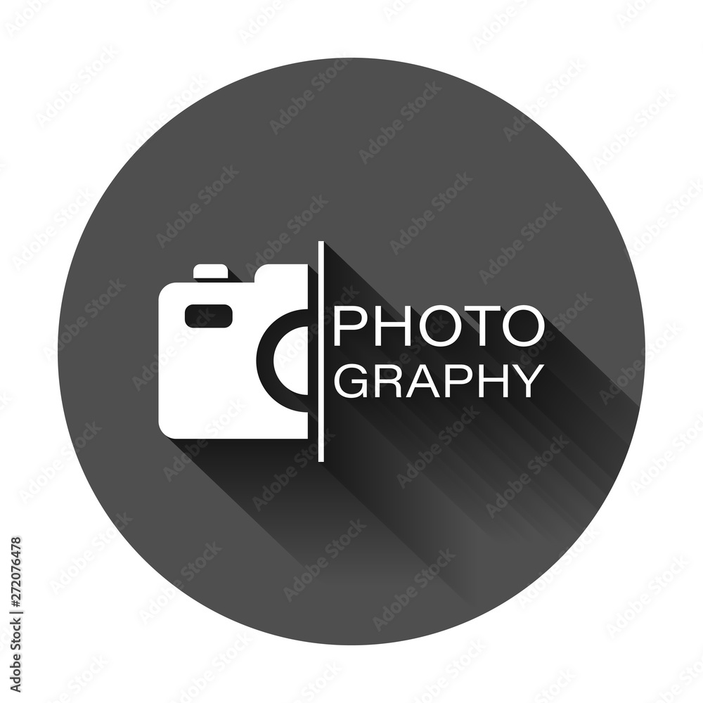 Camera device sign icon in flat style. Photography vector illustration on black round background with long shadow. Cam equipment business concept.