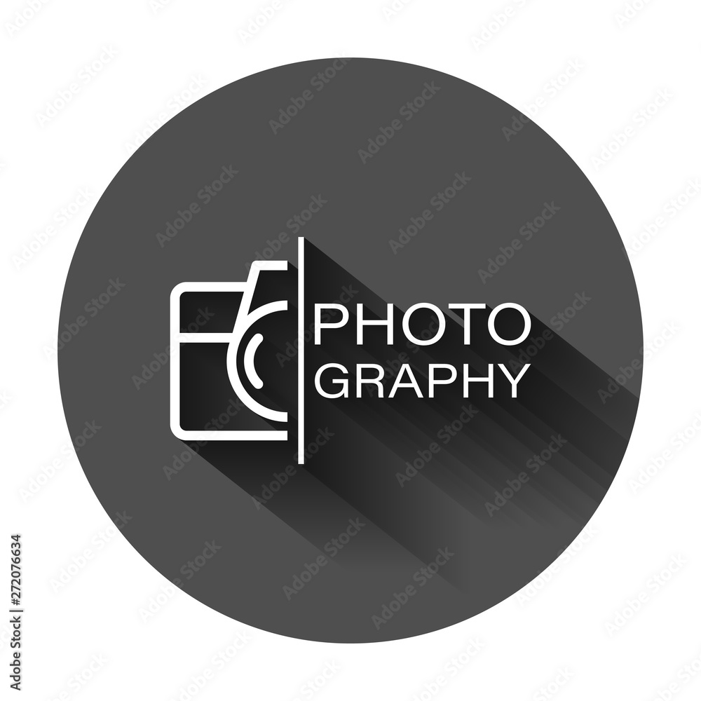 Camera device sign icon in flat style. Photography vector illustration on black round background with long shadow. Cam equipment business concept. Camera device sign icon in flat style. Photography vector illustration on black round background with long shadow. Cam equipment business concept.
