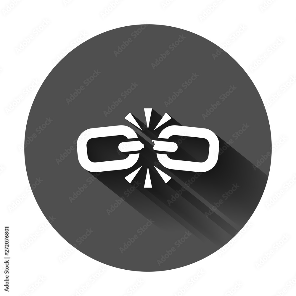 Broken chain sign icon in flat style. Disconnect link vector illustration on black round background with long shadow. Detach business concept. Broken chain sign icon in flat style. Disconnect link vector illustration on black round background with long shadow. Detach business concept.