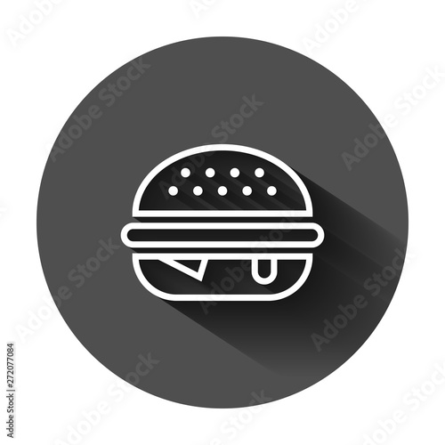 Burger sign icon in flat style. Hamburger vector illustration on black round background with long shadow. Cheeseburger business concept.