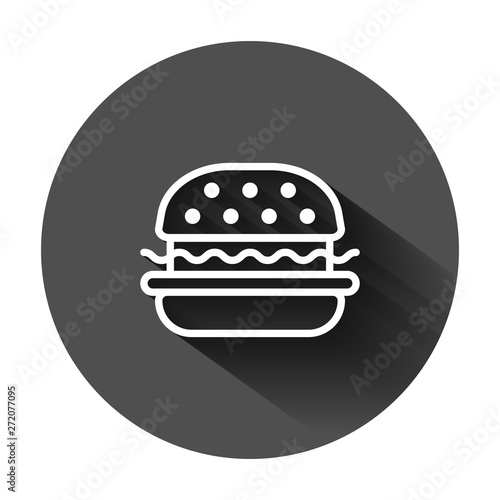 Burger sign icon in flat style. Hamburger vector illustration on black round background with long shadow. Cheeseburger business concept.