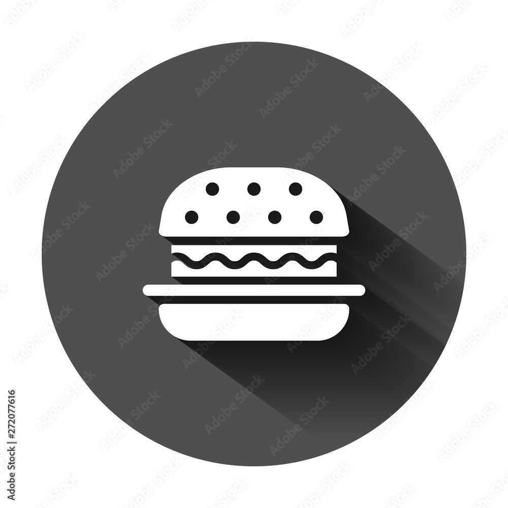 Burger sign icon in flat style. Hamburger vector illustration on black round background with long shadow. Cheeseburger business concept. Burger sign icon in flat style. Hamburger vector illustration on black round background with long shadow. Cheeseburger business concept.