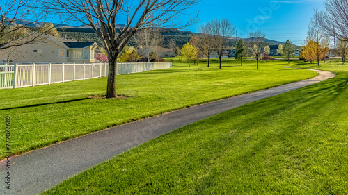 Panorama Paved pathway and trees on a lush grassy terrain in the middle of houses
