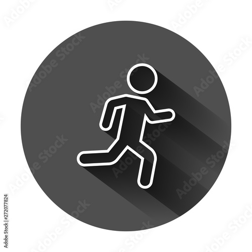 Running people sign icon in flat style. Run silhouette vector illustration on black round background with long shadow. Motion jogging business concept.