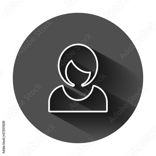Woman sign icon in flat style. Female avatar vector illustration on black round background with long shadow. Girl face business concept. © Lysenko.A