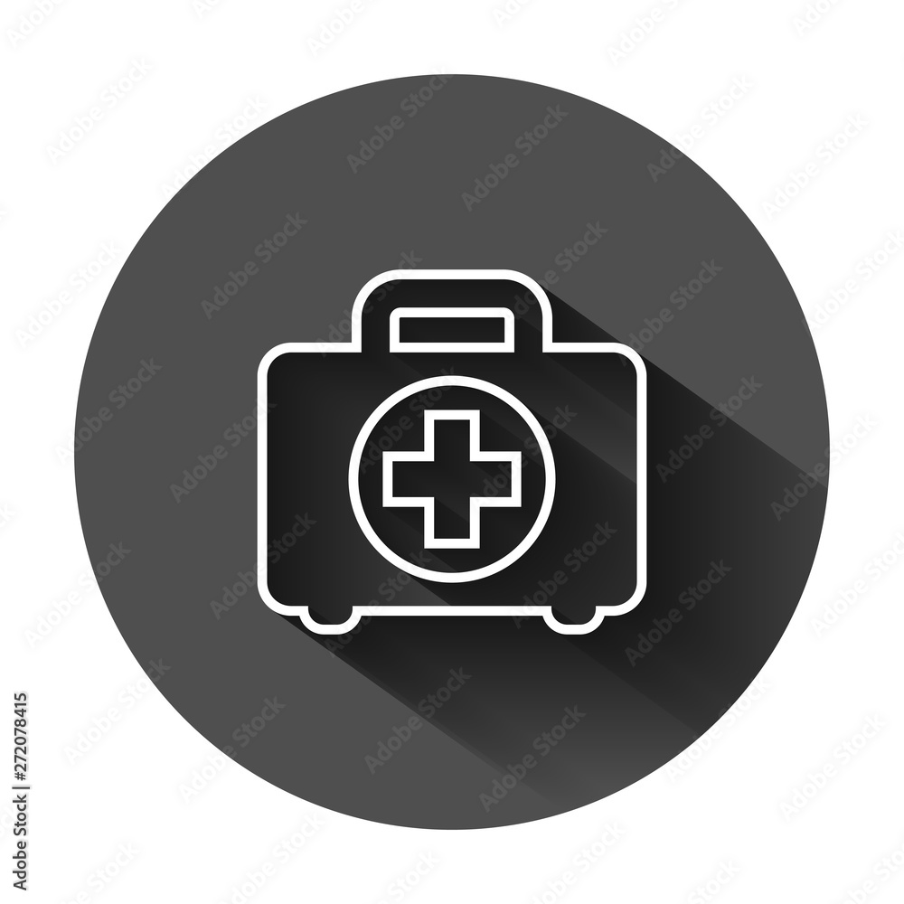 First aid kit icon in flat style. Health, help and medical diagnostics vector illustration on black round background with long shadow. Doctor bag business concept. First aid kit icon in flat style. Health, help and medical diagnostics vector illustration on black round background with long shadow. Doctor bag business concept.