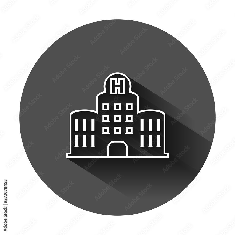 Hospital building icon in flat style. Infirmary vector illustration on black round background with long shadow. Medical ambulance business concept. Hospital building icon in flat style. Infirmary vector illustration on black round background with long shadow. Medical ambulance business concept.