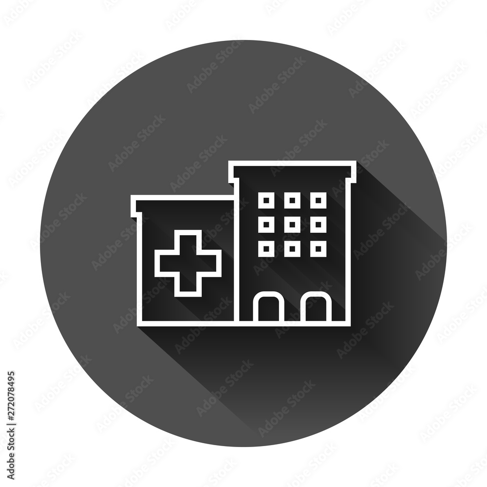 Hospital building icon in flat style. Infirmary vector illustration on black round background with long shadow. Medical ambulance business concept. Hospital building icon in flat style. Infirmary vector illustration on black round background with long shadow. Medical ambulance business concept.