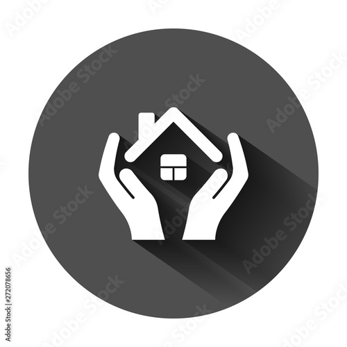 Home care icon in flat style. Hand hold house vector illustration on black round background with long shadow. Building quality business concept.