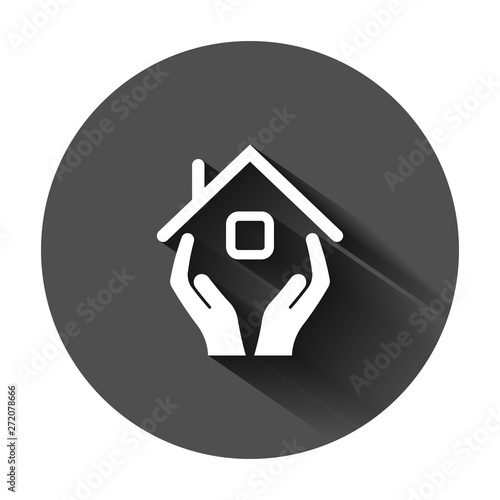 Home care icon in flat style. Hand hold house vector illustration on black round background with long shadow. Building quality business concept.