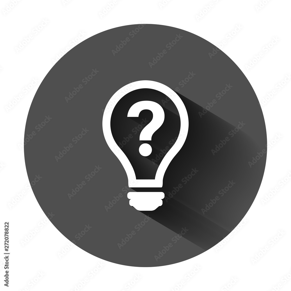 Problem solution icon in flat style. Light bulb idea vector illustration on black round background with long shadow. Question and answer business concept. Problem solution icon in flat style. Light bulb idea vector illustration on black round background with long shadow. Question and answer business concept.