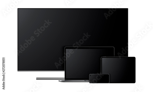 Set of modern devices mockups: TV, laptop, tablet computer, smartphone. Vector illustration