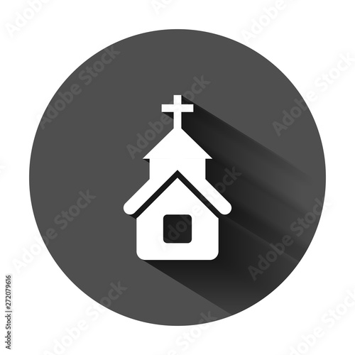 Church icon in flat style. Chapel vector illustration on black round background with long shadow. Religious building business concept.