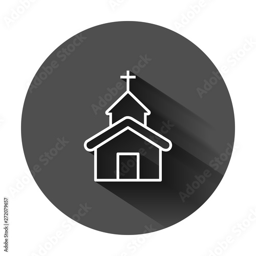 Church icon in flat style. Chapel vector illustration on black round background with long shadow. Religious building business concept.