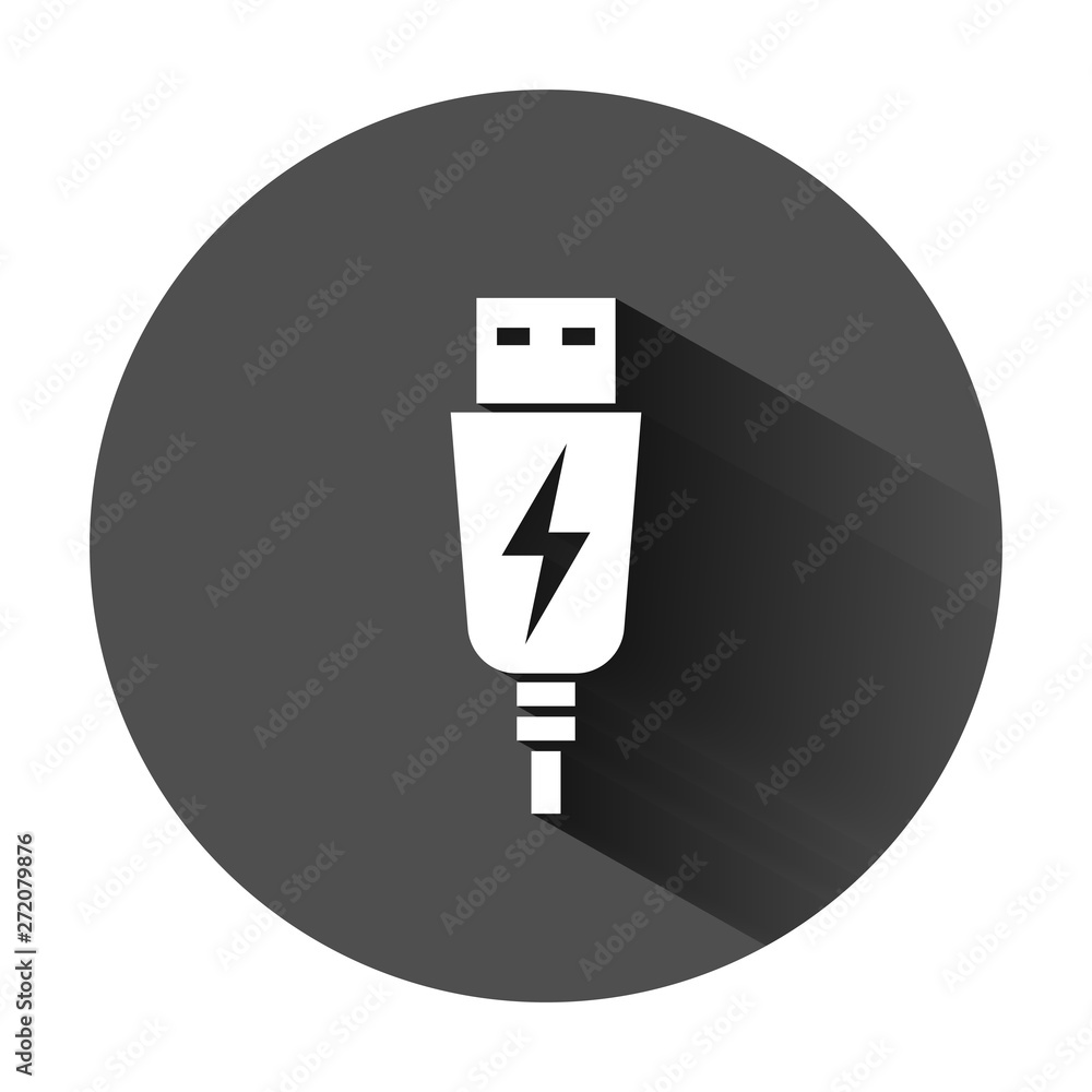 Usb cable icon in flat style. Electric charger vector illustration on black round background with long shadow. Battery adapter business concept. Usb cable icon in flat style. Electric charger vector illustration on black round background with long shadow. Battery adapter business concept.