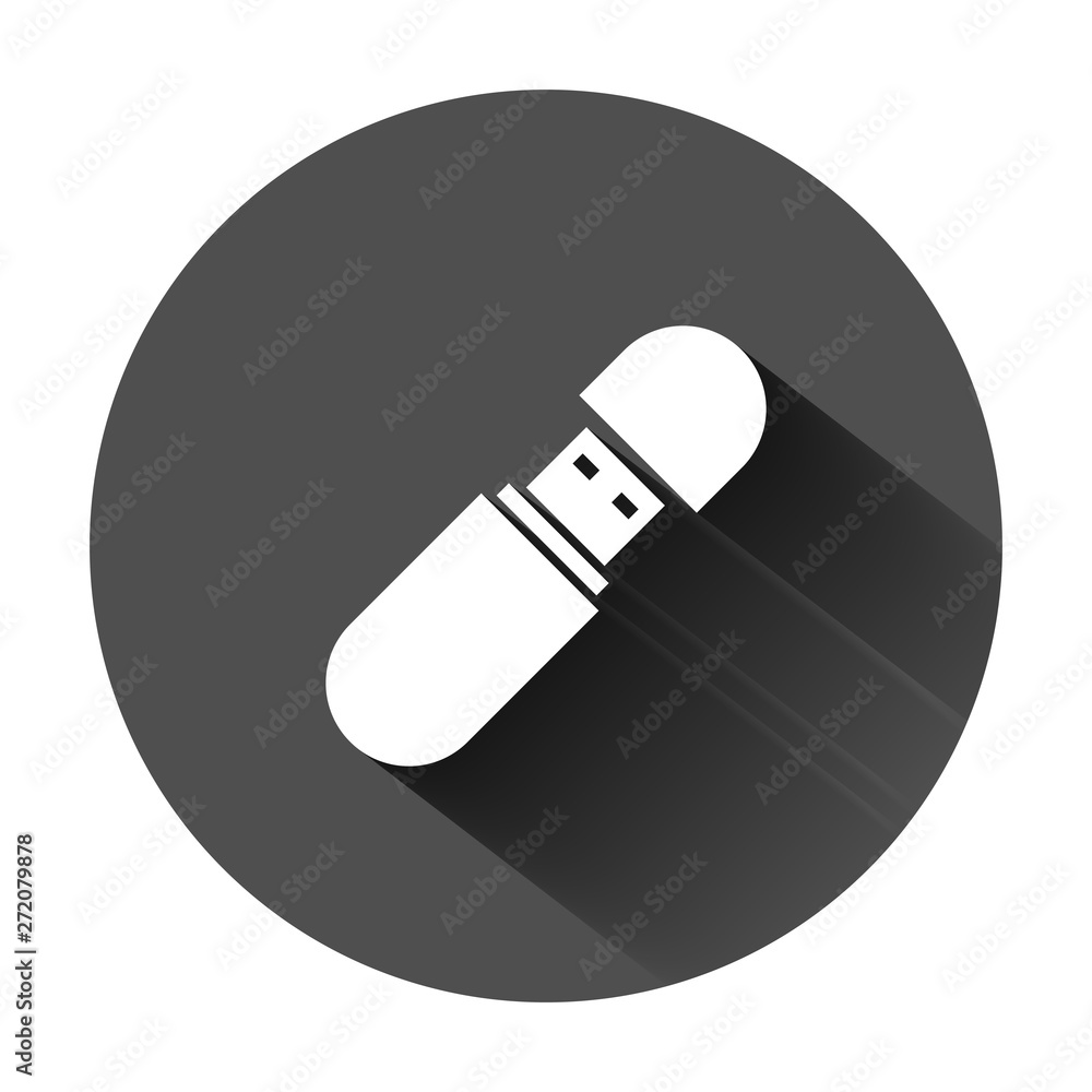 Usb drive icon in flat style. Flash disk vector illustration on black round background with long shadow. Digital memory business concept. Usb drive icon in flat style. Flash disk vector illustration on black round background with long shadow. Digital memory business concept.