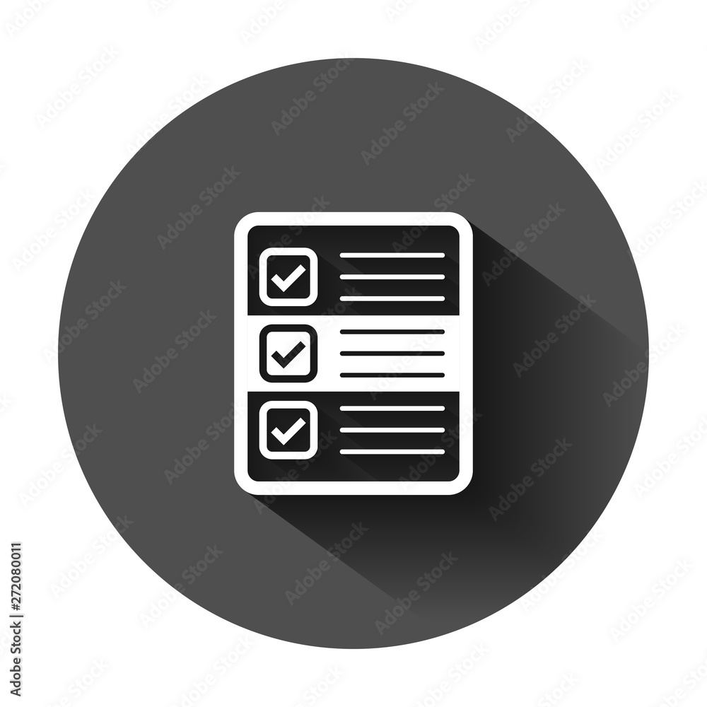Questionnaire icon in flat style. Online survey vector illustration on black round background with long shadow. Checklist report business concept. Questionnaire icon in flat style. Online survey vector illustration on black round background with long shadow. Checklist report business concept.