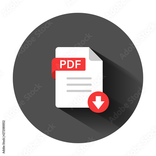 Pdf icon in flat style. Document text vector illustration on black round background with long shadow. Archive business concept.