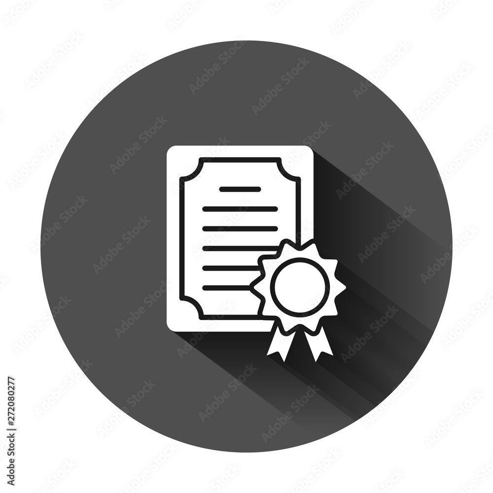 Certificate icon in flat style. License badge vector illustration on black round background with long shadow. Winner medal business concept. Certificate icon in flat style. License badge vector illustration on black round background with long shadow. Winner medal business concept.
