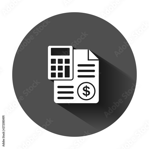 Money calculation icon in flat style. Budget banking vector illustration on black round background with long shadow. Financial payment business concept.