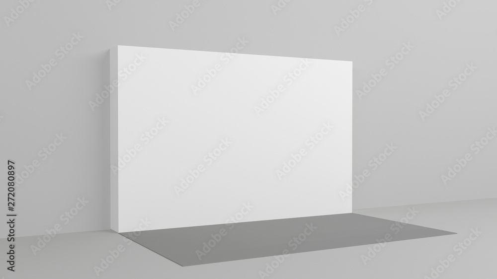 White backdrop 3x5 meters in room with grey paint on wall. 3d render mockup. Template White backdrop 3x5 meters in room with grey paint on wall. 3d render mockup. Template
