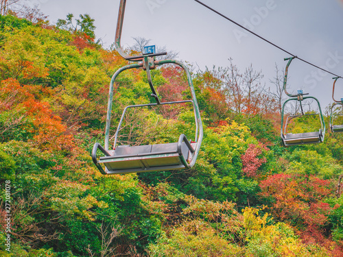 Chairlift Ropeway Crossing the mountain on Tianmen mountain national park in autumn Season.Tianmen mountain the travel landmark of Hunan zhangjiajie city China