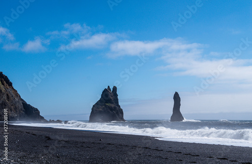 Black sand beach in Iceland sea stacks