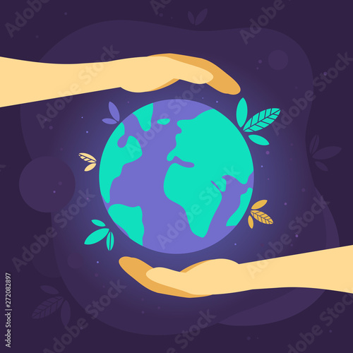 Vector illustration about caring for and saving the World. Zero waste poster. Care and protection of the environment. Hands hold the Earth. Abstract design with planets for banner or postcard.