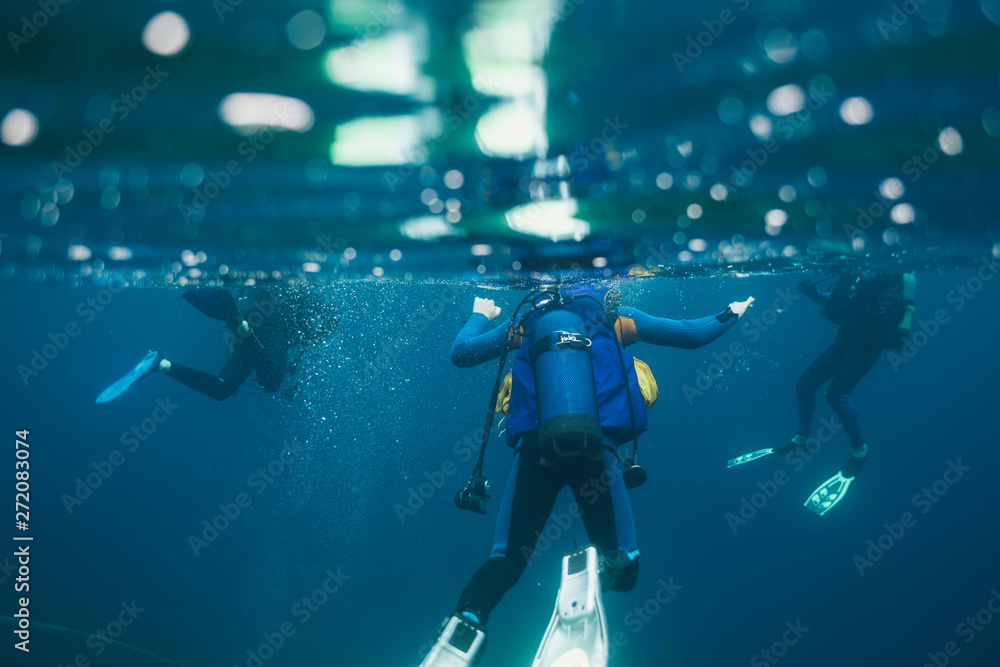 Divers underwater. Scuba divers preparing for go deep down