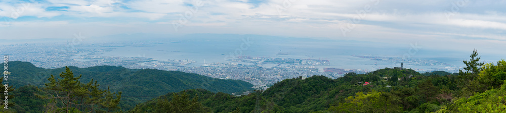 Top view of city and port from mountain, panorama cityscape view.