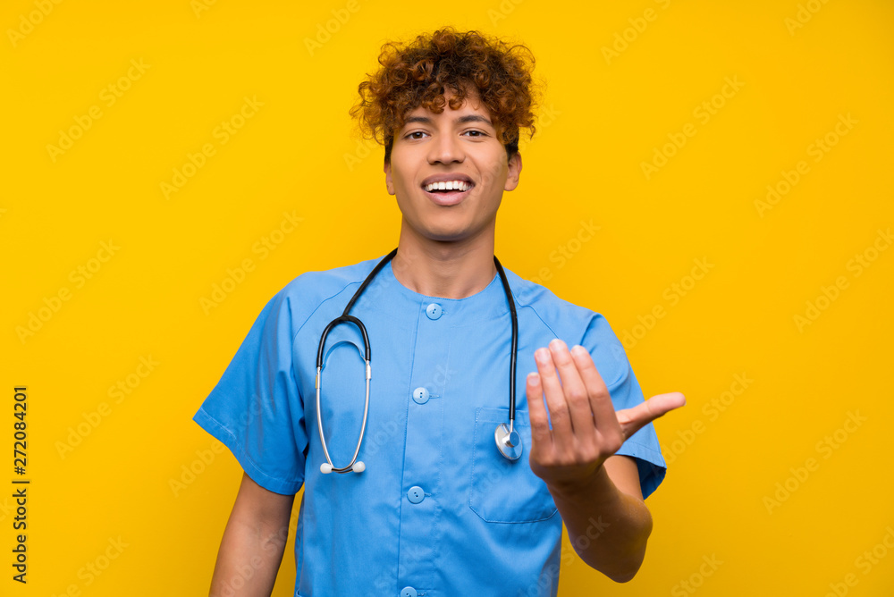 Surgeon doctor african american man inviting to come Surgeon doctor african american man inviting to come
